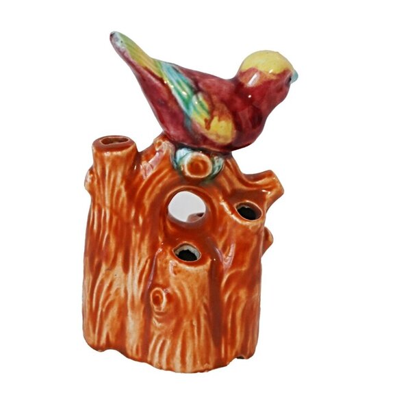 Vintage Japanese Ceramic Bird On Tree Stump Flower Frog Figurine 4" - Picture 4 of 6